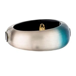 Alexis Bittar wide lucite bangle bracelet in clear and blue lucite with gunmetal